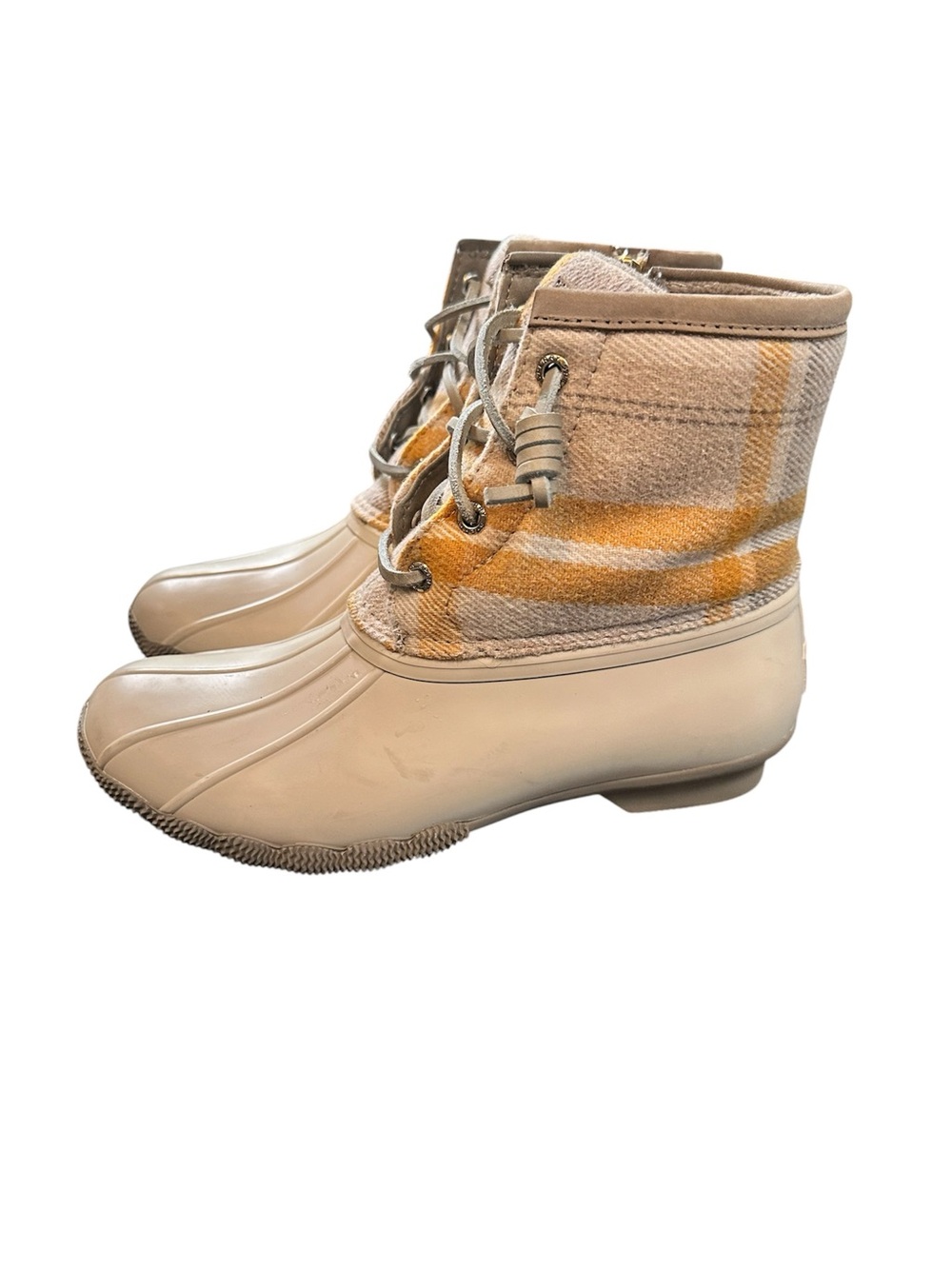 Sperry Saltwater Plaid Wool Blend Rubber Duck Boots Fleece Lined Tan Yellow 6